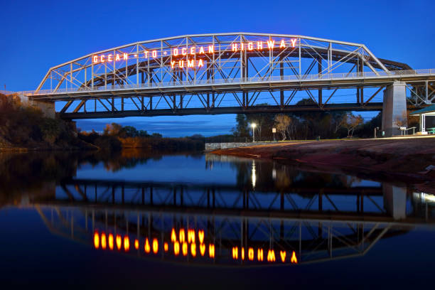 The bridge over the River Severn at Worcester, England, on a cold, misty evening