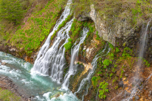 Shirahige Waterfalls Shirahige-no-taki Waterfalls and the Tokachi river in Biei, Hokkaido, Japan kamikawa district ishikari stock pictures, royalty-free photos & images