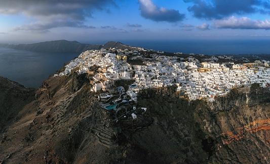 Aerial view of villas in Firostefani resort, Santorini island