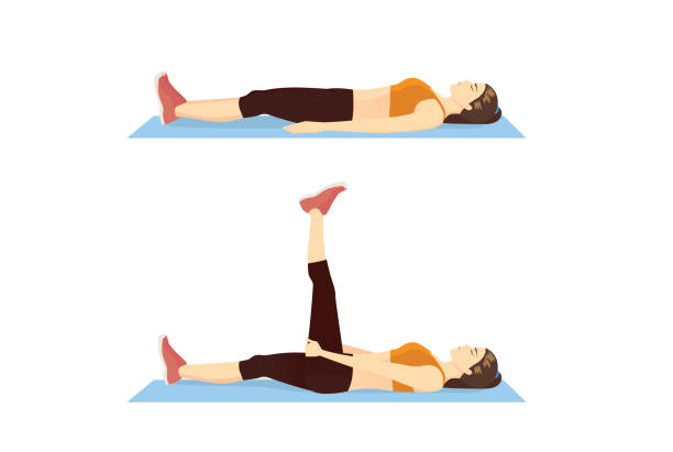 ilustrações de stock, clip art, desenhos animados e ícones de woman doing exercise with hamstring stretch for back and leg muscle relaxation. - bending knees