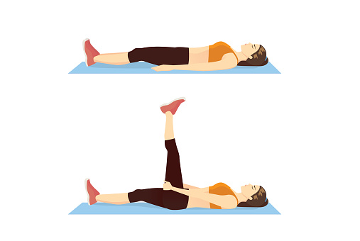 Woman doing Exercise with Hamstring Stretch for back and leg Muscle Relaxation. Illustration about exercise diagram.