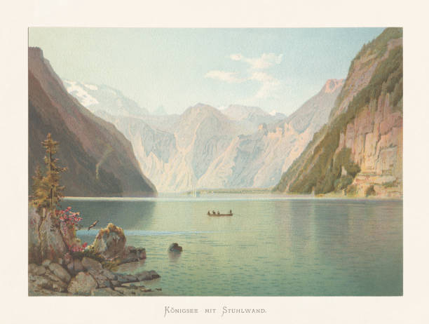 ilustrações, clipart, desenhos animados e ícones de königssee (lago do rei), berchtesgadener land land, bavaria, germany, chromolitograph, publicado ca. 1874 - chromolithograph