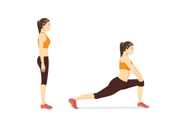 Woman doing Hip Flexor Stretches to Release Tightness and Gain Flexibility in Your Hips. Woman doing Hip Flexor Stretches to Release Tightness and Gain Flexibility in Your Hips. Illustration about exercise diagram. standing had to knee pose stock illustrations