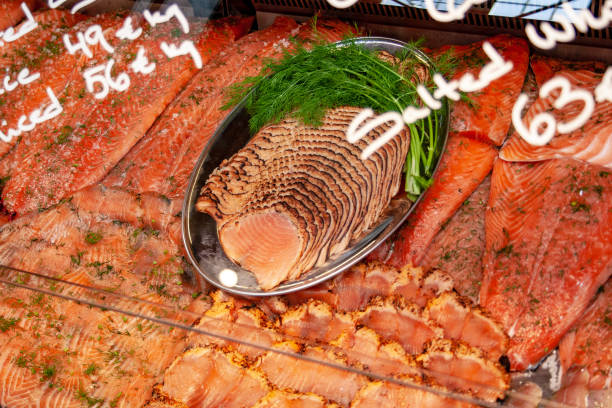 Various salted smoked sliced salmon