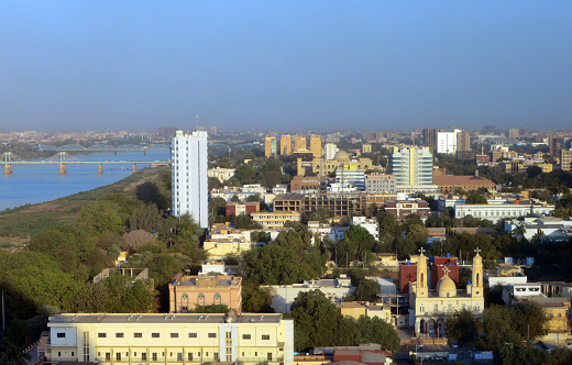 Khartoum, Sudan: skyline of the Sudanese capital - downtown area, waterfront along the Blue Nile river, government buildings, presidential palace, churches...