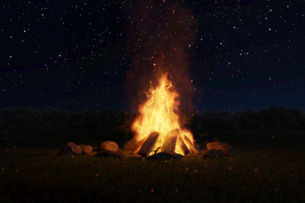 Photo of 3d rendering of big bonfire with sparks and particles in front of forest and starry sky