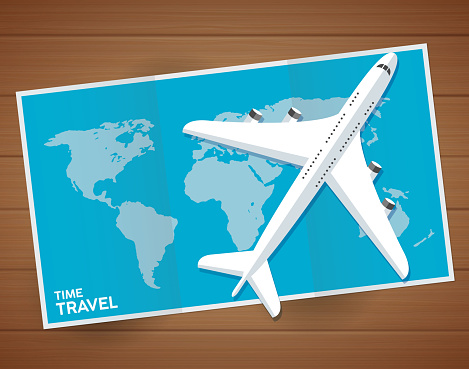 Flat web banner on the theme of travel , vacation, adventure. Preparing for your journey. Top view. Map world and airplane on the table. Vector stock.