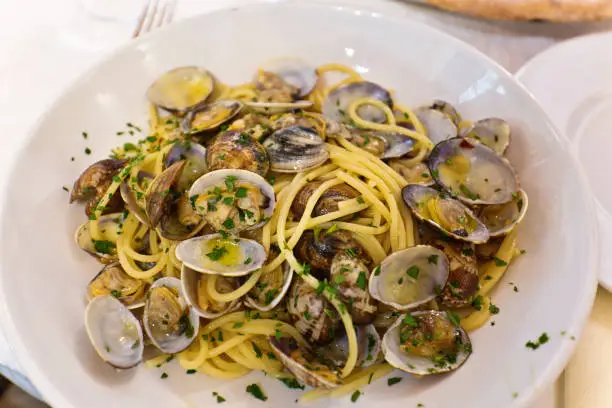 linguini with clams served on a plate.