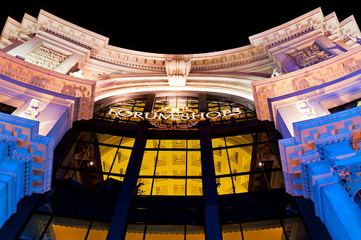 Las Vegas, United States - May 14, 2012. The Forum Shops at Caesar’s Palace hotel and casino at night in Las Vegas, Nevada, USA.