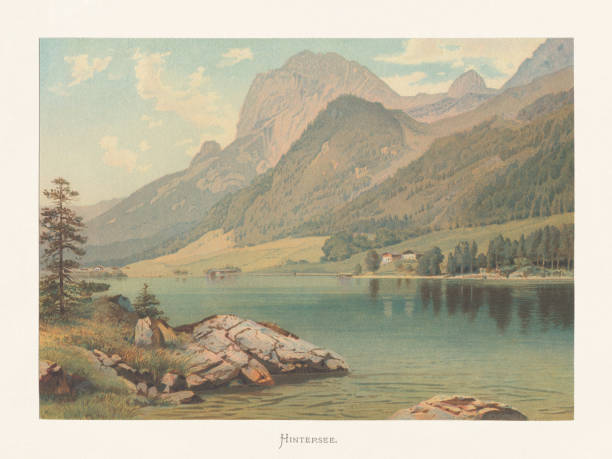 ilustraciones, imágenes clip art, dibujos animados e iconos de stock de hintersee, ramsau, berchtesgaden land, baviera, alemania, chromolithograph, publicado circa 1874 - mountain engraving drawing illustration and painting
