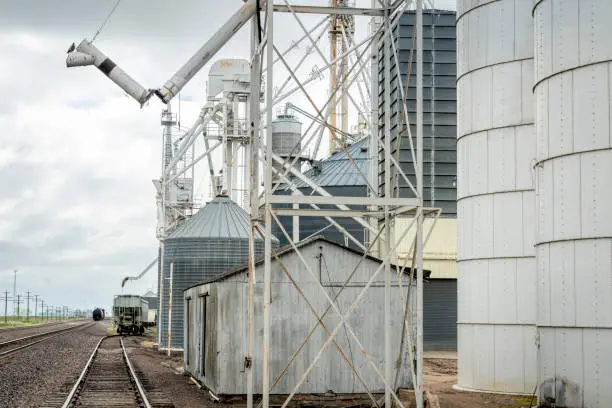 Railroad and grain elevators in rural Nebraska