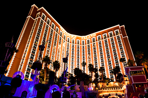 Las Vegas, United States - May 14, 2012. Treasure Island hotel and casino at night in Las Vegas, Nevada, USA.