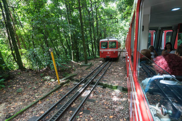 Place where two tram rails cross in Rio de Jainero Rio de Janeiro, Brazil - March 10, 2019:  Two red trams meeting at an intersection where only one might pass. These trams are used to take people to the Christ Redeemers statue corcovado stock pictures, royalty-free photos & images