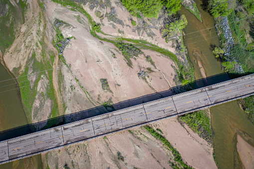 highway bridge over the South Platte River in Nebraska at Brule, overhead aerial view