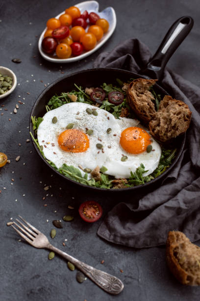 istock n the course of eating breakfast with fresh eggs. Flat lay. 1154118609
