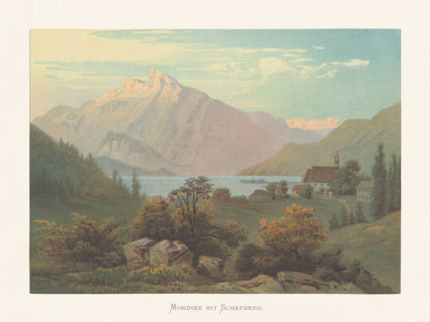 Mondsee (Moon Lake), Salzkammergut, Upper Austria, chromolithograph, published ca.1874 Mondsee (Moon Lake), Salzkammergut, Upper Austria. In the background the mountain Schafberg, right the church Mariahilf. Chromolithograph after a watercolor by Karl Christian Köhler (German painter, 1827 - 1890), published ca. 1874. austrian culture stock illustrations