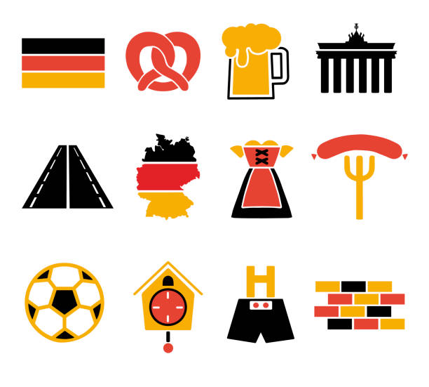 ilustrações de stock, clip art, desenhos animados e ícones de vector icons set for creating infographics related to germany, like leather trousers, beer mug, pretzel, dirndl dress or soccer ball in tradional german flag colors red, gold and black - german cuisine illustrations