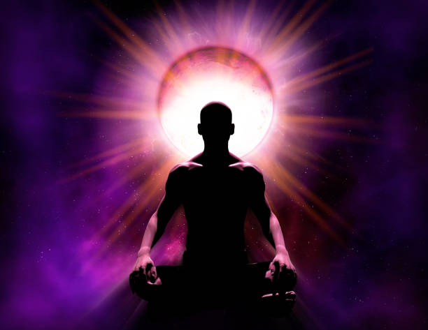 Universal Psychic Mind Power of Meditation and Enlightenment Universal psychic mind power of meditation. The silhouette of a person who is in spiritual meditation in front of a cosmic background and a bright source of energy, 3d render illustration spiritual enlightenment stock pictures, royalty-free photos & images