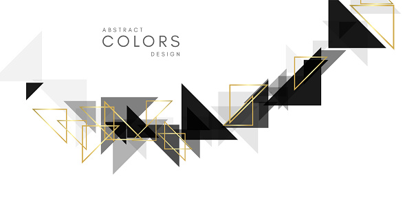 Black and white geometrical abstract background. Horizontal banner with decorative monochrome and golden triangle elements.