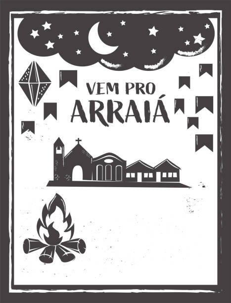 vem プロ arraia 手段は arraia に行きましょう。arraia はブラジルの伝統的な6月の饗宴です - woodcut点のイラスト素材／クリップアート素材／マンガ素材／アイコン素材