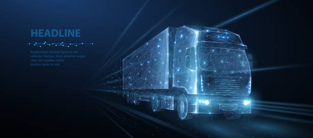 Truck. Abstract vector 3d heavy lorry van. Highway road. Isolated on blue. Transportation vehicle, delivery transport, cargo logistic concept. Freight shipping, international delivering industry. mode of transport illustrations stock illustrations