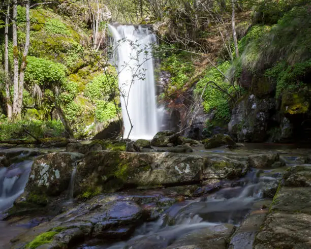 Photo of Scenic Krmolj waterfall on Old mountain in Serbia during early spring with foreground rocks and mountain creek