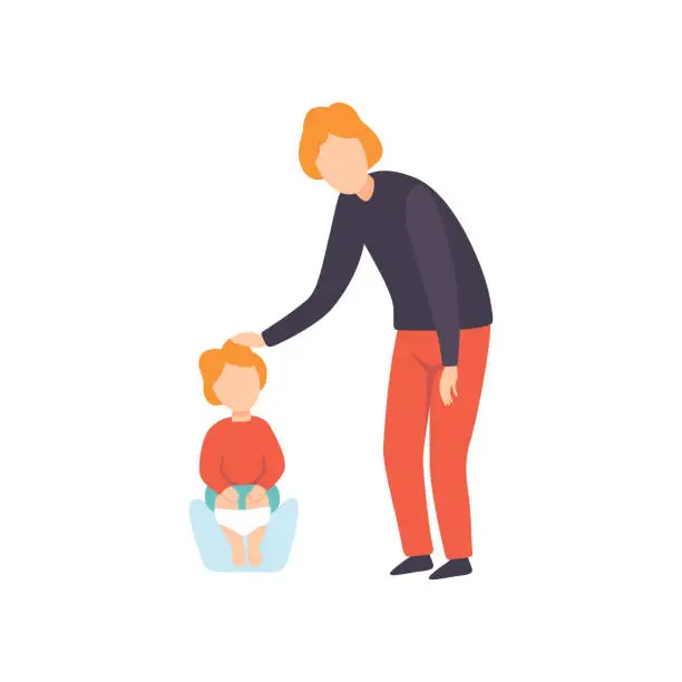 Vector illustration of Cute Little Toddler Baby Sitting on Potty, Parent Taking Care of His Child Vector Illustration