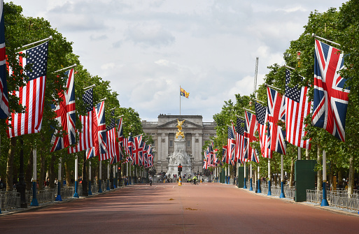 The national flags of USA and UK line the Mall in central London during a visit by the American President. The distant flag is the Royal Standard above Buckingham Palace\nMight be used to illustrate the relationship between two countries