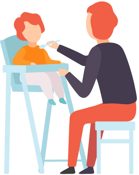 ilustrações, clipart, desenhos animados e ícones de bebê de alimentação do pai que está sentando-se no highchair, pai que toma de sua ilustração do vetor da criança - high chair