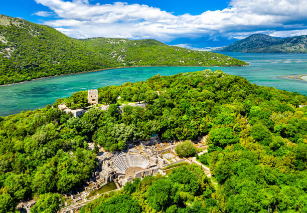 Aerial view of Butrint archaeological site in Albania Aerial view of the Butrint archaeological site. UNESCO world heritage in Albania albania photos stock pictures, royalty-free photos & images