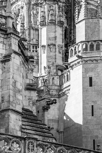 Burgos Cathedral or Cathedral of Saint Mary of Burgos exterior detail, Province of Burgos, Castilla y Leon, Spain on the Way of St. James, Camino de Santiago, black and white photography