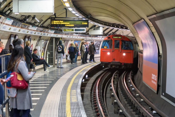 London, UK - May 1, 2018: Train approaching the Waterloo underground station