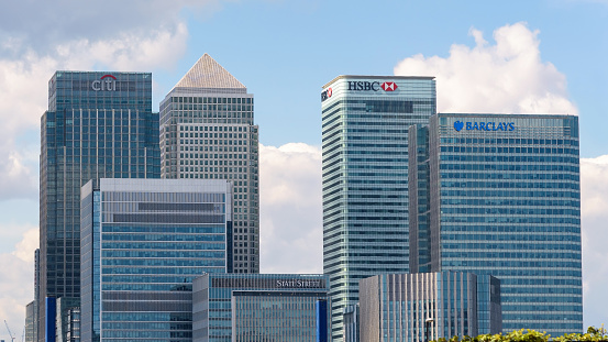 London, UK - May 1, 2018: Modern skyscrapers of Canary Wharf, one of the main financial centres of the United Kingdom