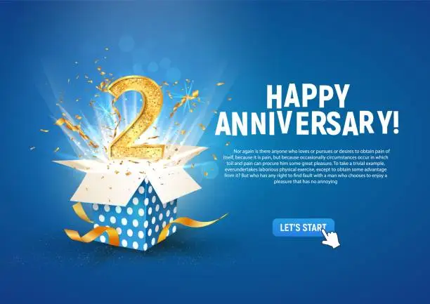 Vector illustration of 2 nd year anniversary banner with open burst gift box. Template second birthday celebration and abstract text on blue background vector illustration.