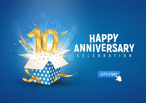 10 th years anniversary banner with open burst gift box. Template tenth birthday celebration and abstract text on blue background vector illustration.