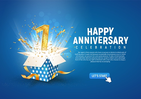 1st years anniversary banner with open burst gift box Template first birthday celebration and abstract text on blue background vector illustration