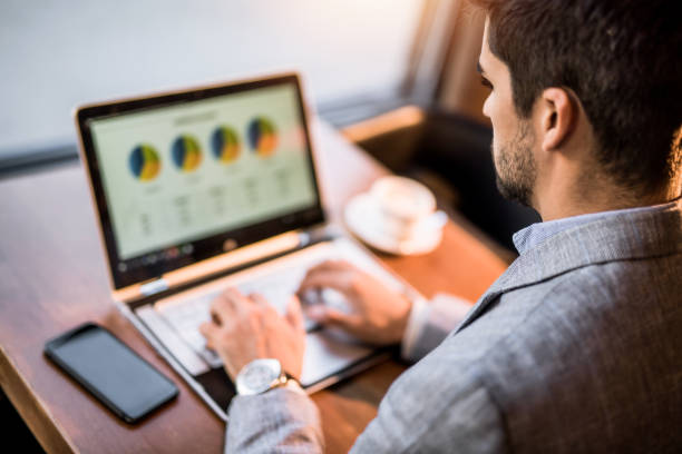 istock Rear view young manager using laptop in coffee shop. 1154140466