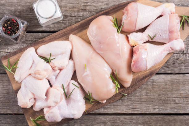 istock Raw chicken meat on wooden background 1154146202