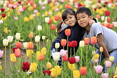 日本の兄と姉とチューリップ畑 (9 歳の男の子と4歳の女の子)