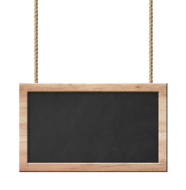 Blackboard with bright wooden frame hanging on ropes isolated on white background stock photo