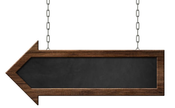 istock Blackboard with dark frame and arrow shape hanging on chains 1154162722