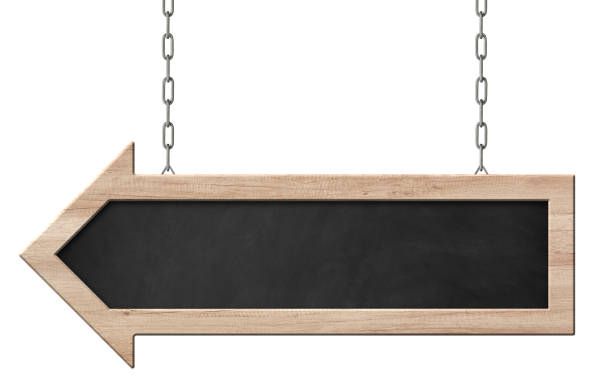 istock Blackboard with bright frame and arrow shape hanging on chains 1154162734