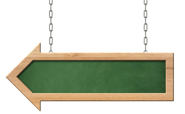 istock Green blackboard with bright frame and arrow shape hanging on chains 1154163429