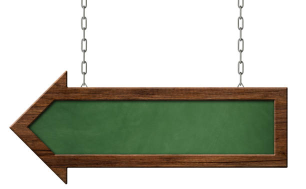 istock Green blackboard with dark frame and arrow shape hanging on chains 1154164610