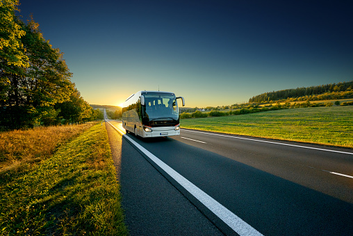 Autobús blanco viajando en la carretera de asfalto alrededor de la línea de árboles en el paisaje rural al atardecer photo