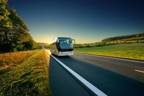 Photo of White bus traveling on the asphalt road around line of trees in rural landscape at sunset