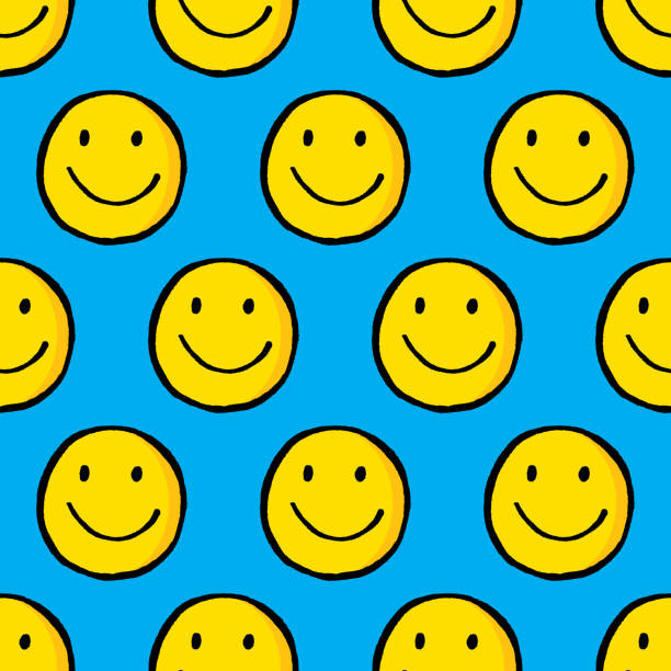 Smiley Face Hand Drawn Pattern Vector illustration of hand drawn smiley faces in a repeating pattern against a blue background. happiness backgrounds stock illustrations