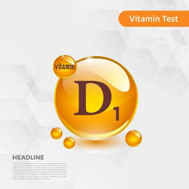 Vector illustration of Vitamin D1 gold shining pill capcule icon, cholecalciferol. golden Vitamin complex with Chemical formula substance drop. Medical for heath Vector illustration