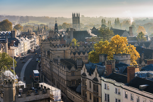 Cambridge, UK- August 20, 2014:  The Panorama of King's College and Senate House, seen from the tower of Saint Mary's Church.