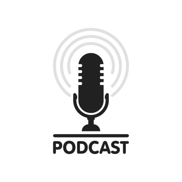 Podcast radio icon illustration. Studio table microphone with broadcast text podcast. Webcast audio record concept logo Podcast radio icon illustration. Studio table microphone with broadcast text podcast. Webcast audio record concept logo. music speaker logo stock illustrations